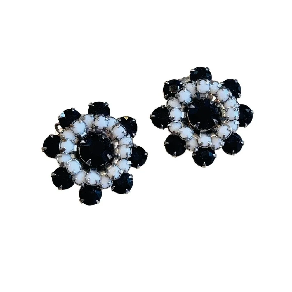Weiss Earrings Starburst VTG Signed Jet Rhinestone Crystal Clip Round Flower 60s